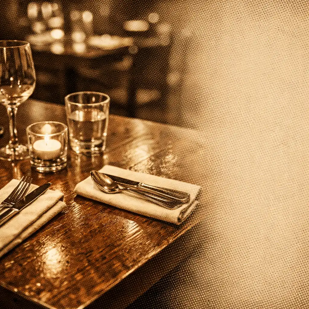 Close up of polished wood table with candlelight and tableware