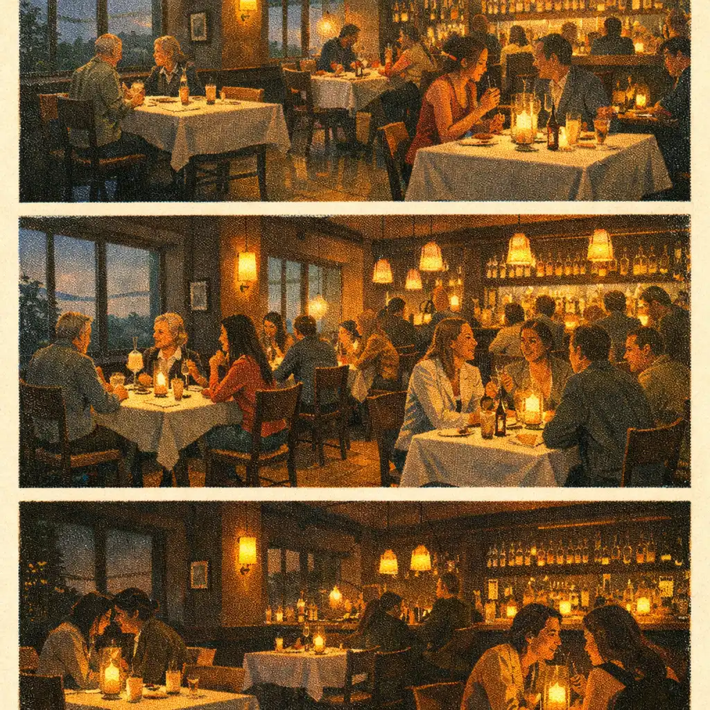 Restaurant transitioning from early evening calm to lively night