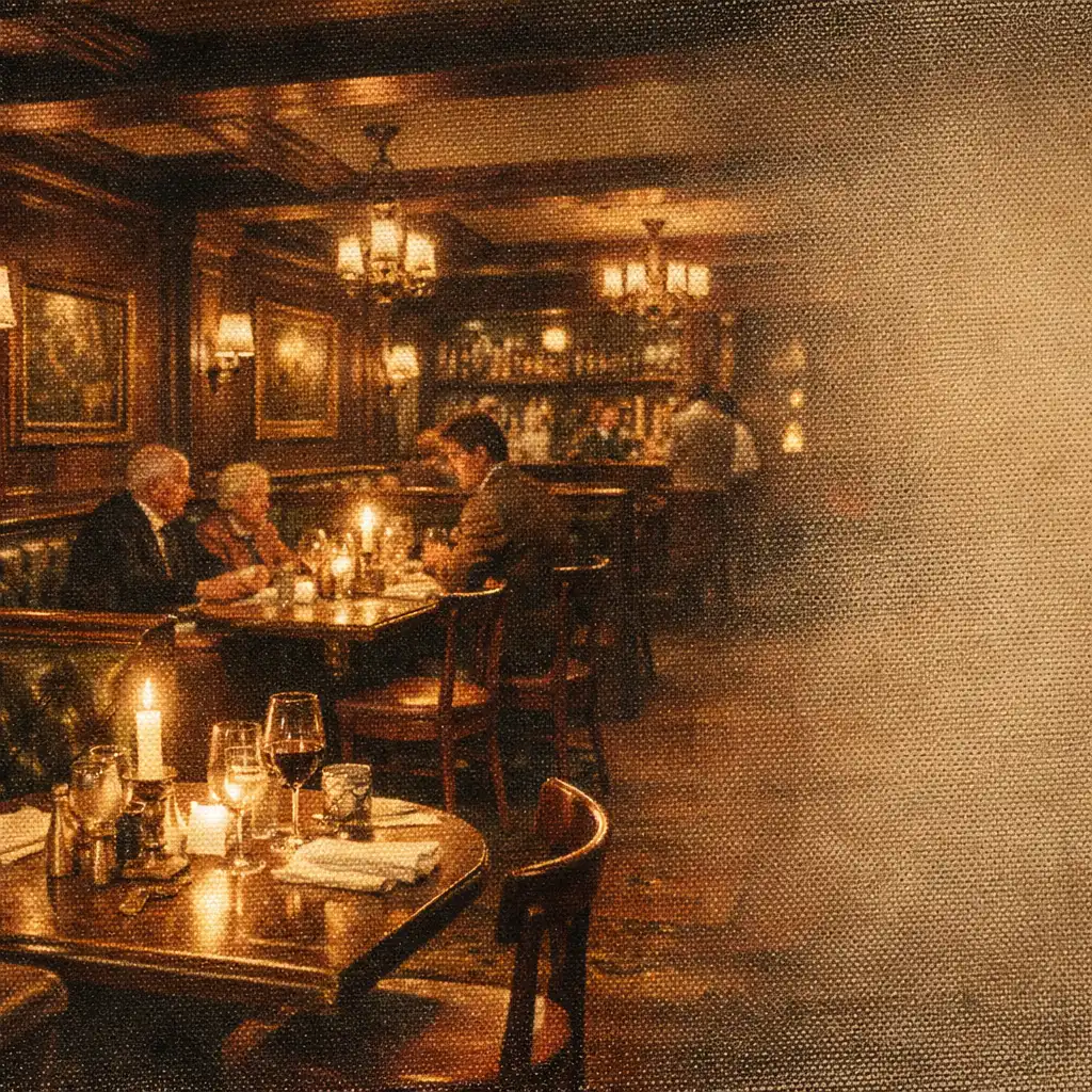Warm candlelit dining room with wood paneling and leather seating at Kings Char