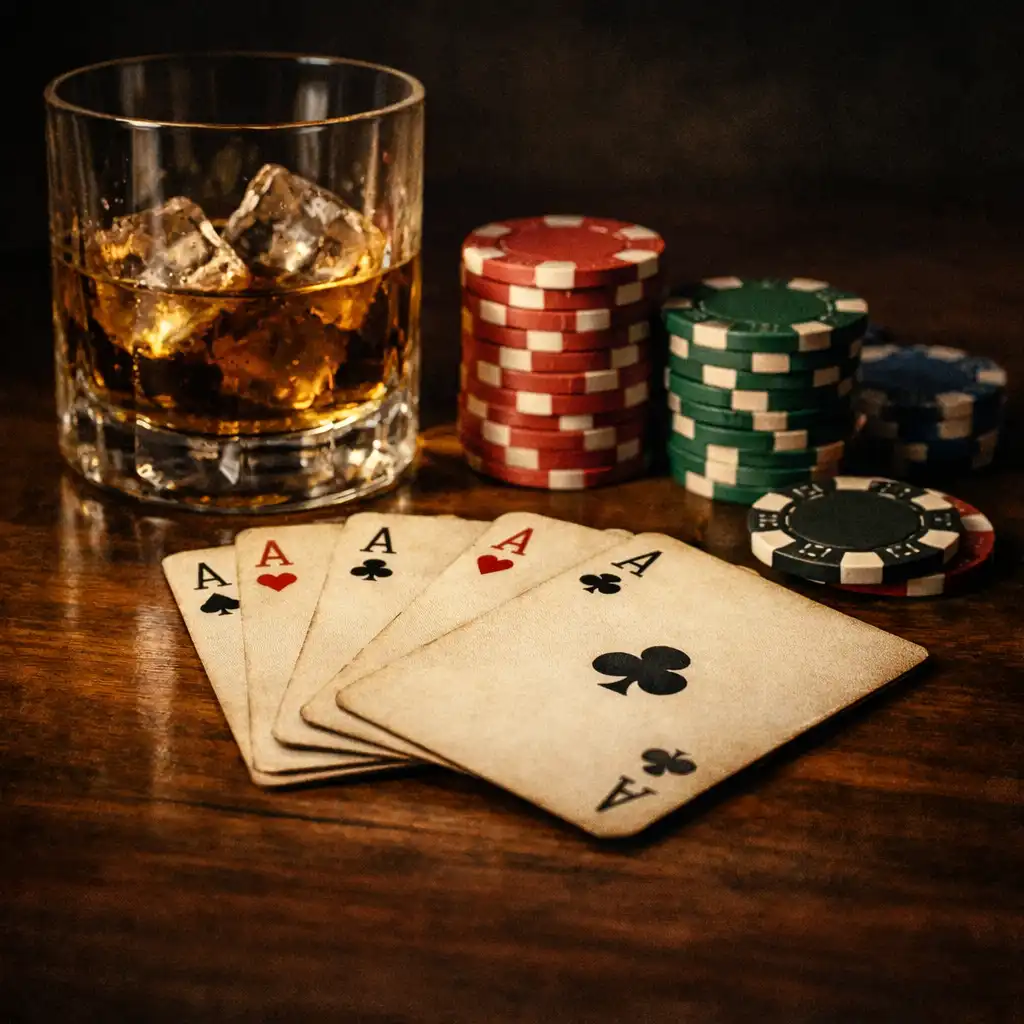 Close-up of cards, poker chips and whiskey on wooden table