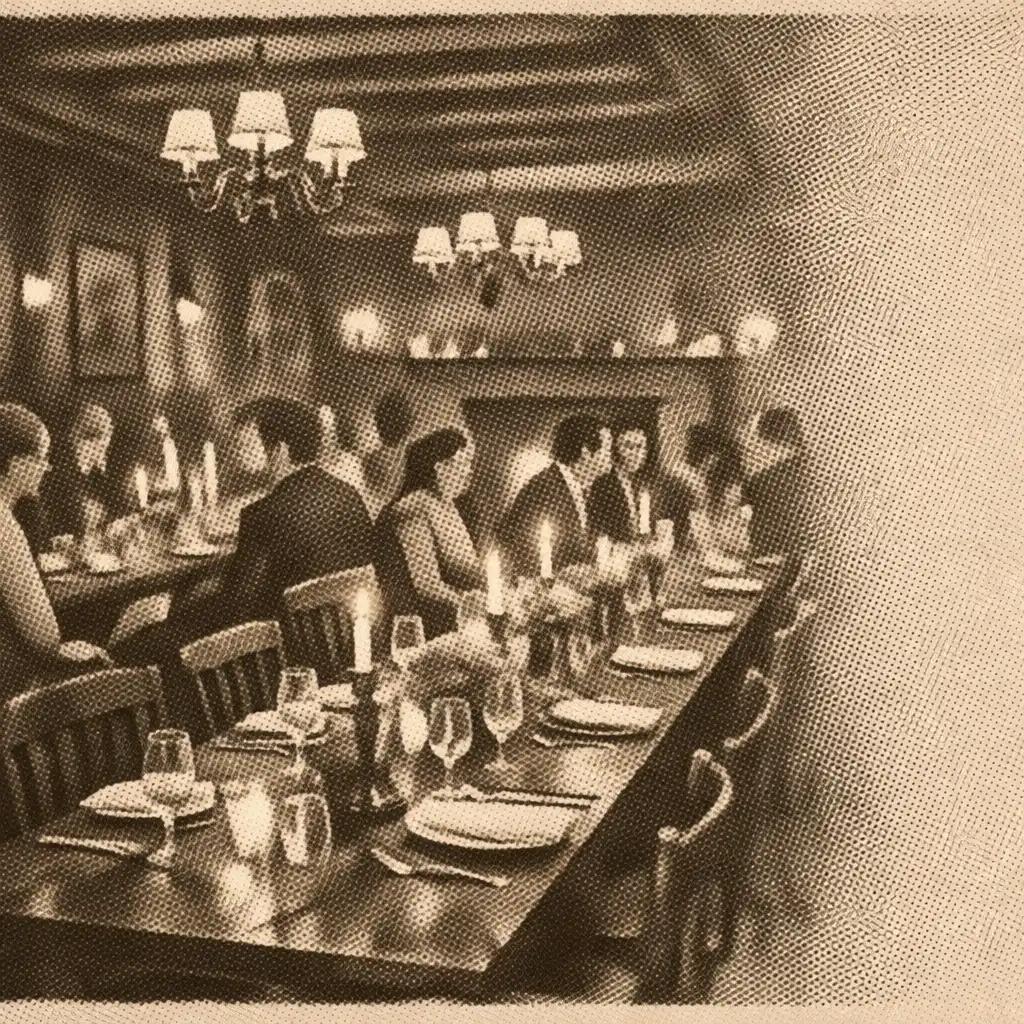 Vintage English corporate dining room with warm lighting and long tables
