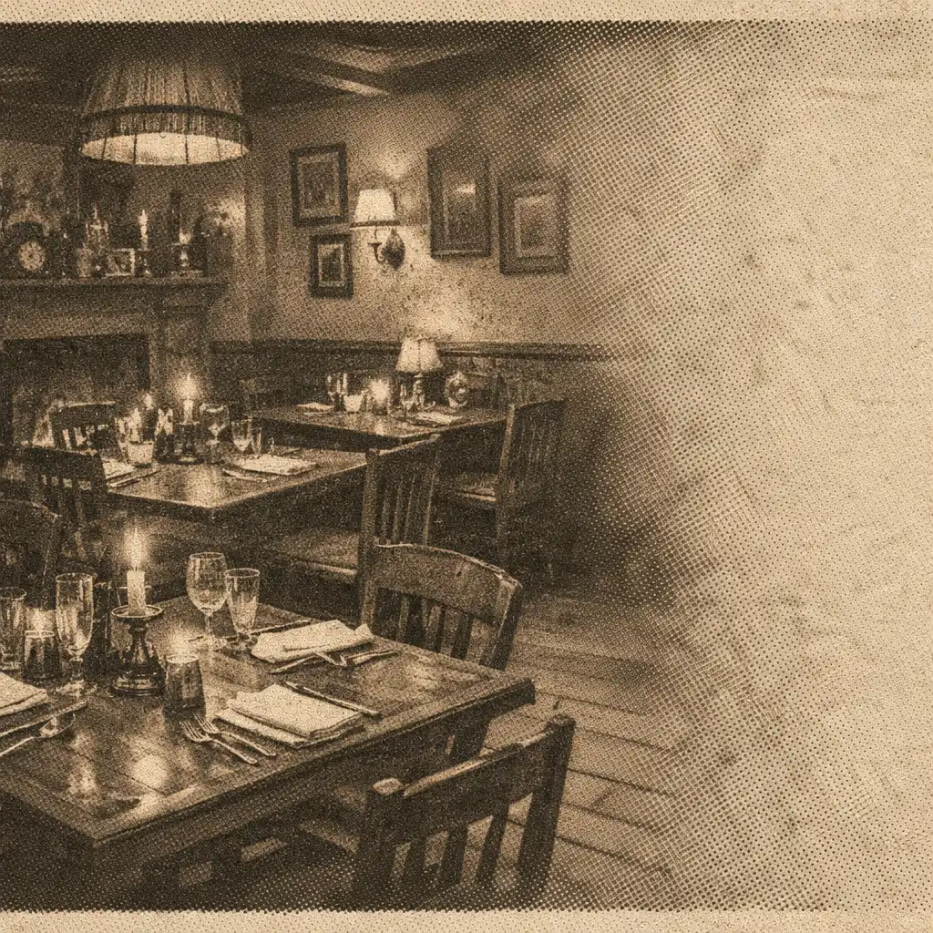 Warm vintage restaurant interior with candlelit tables and English decor