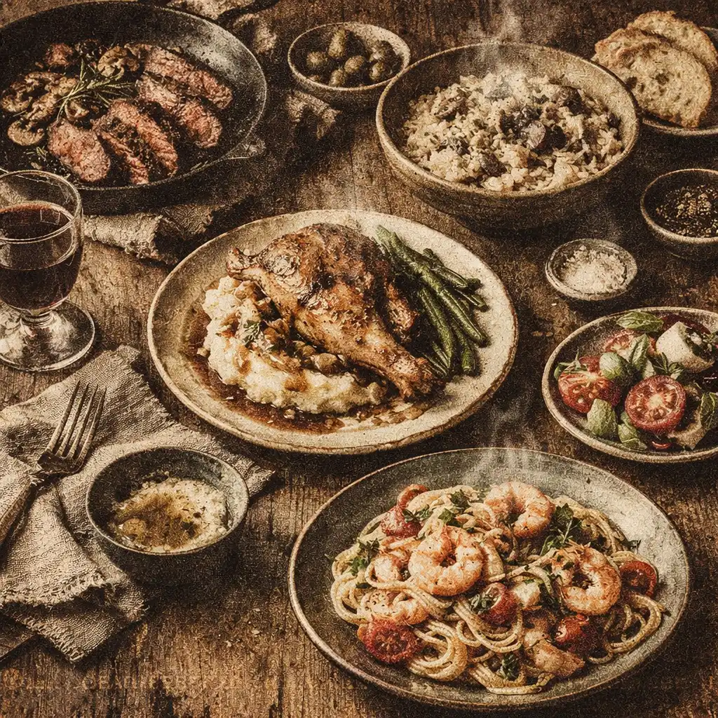 Plated dish with rich textures and soft lighting