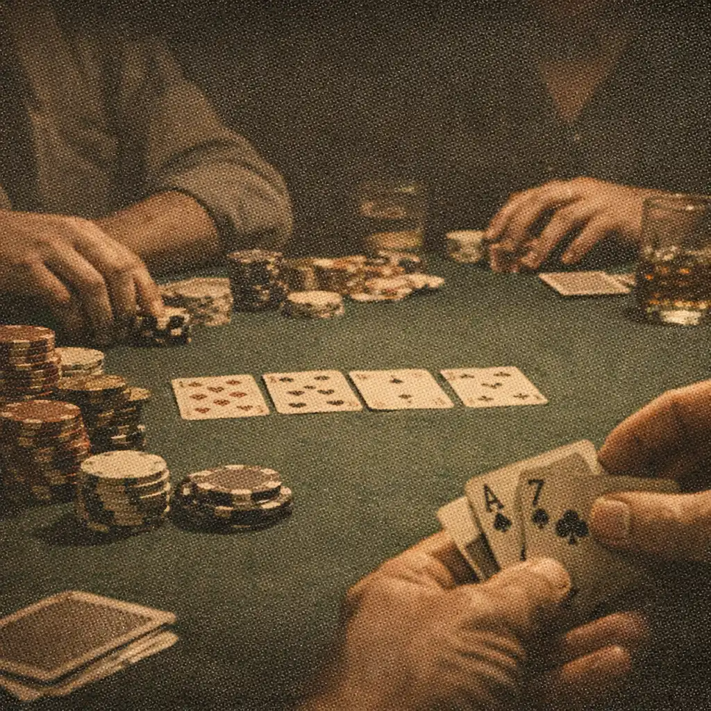 Poker table with chips and cards under moody lighting
