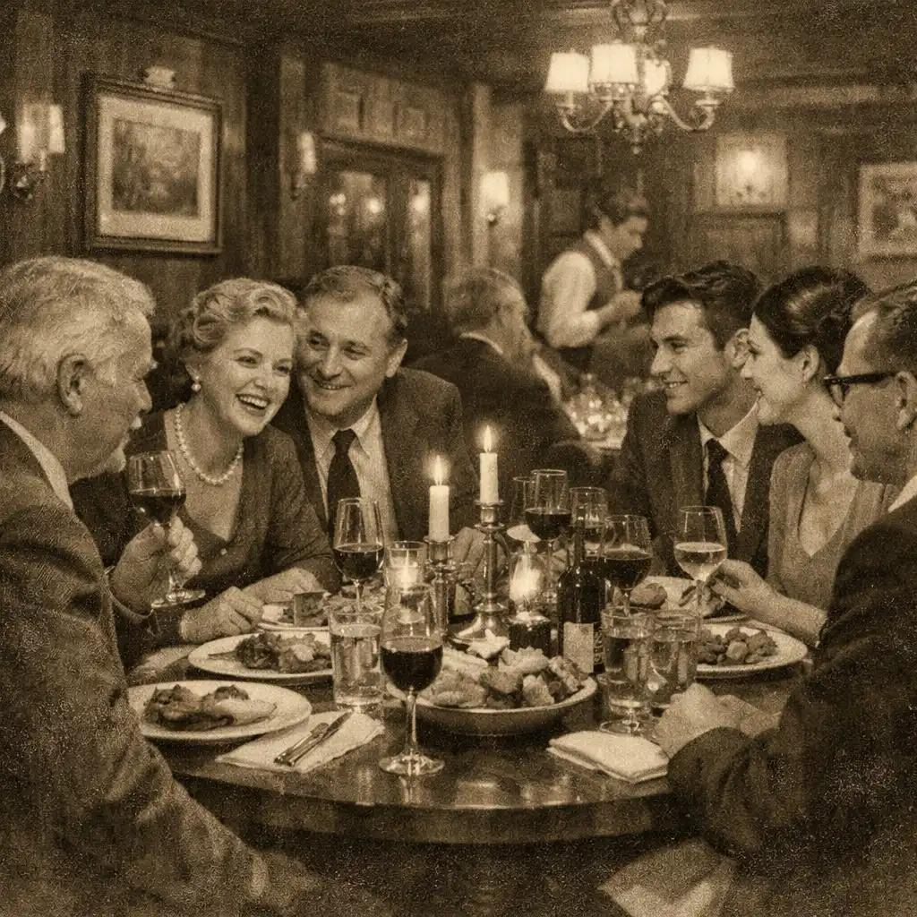 Group dining in refined English-style restaurant