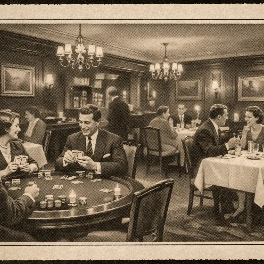 English-style restaurant scene with poker table integrated among dining tables