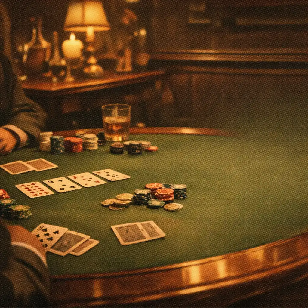 Candlelit poker table with cards and chips in a vintage restaurant setting