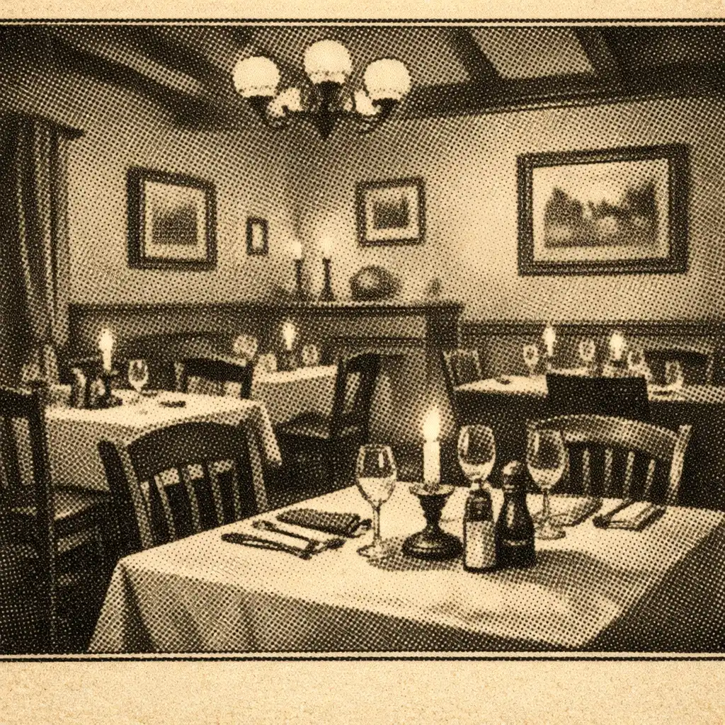Vintage English dining room interior with halftone effect